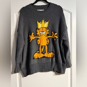 Zara Garfield Knit Sweater S Grey Oversized Graphic Crown Pullover Chunky Retro